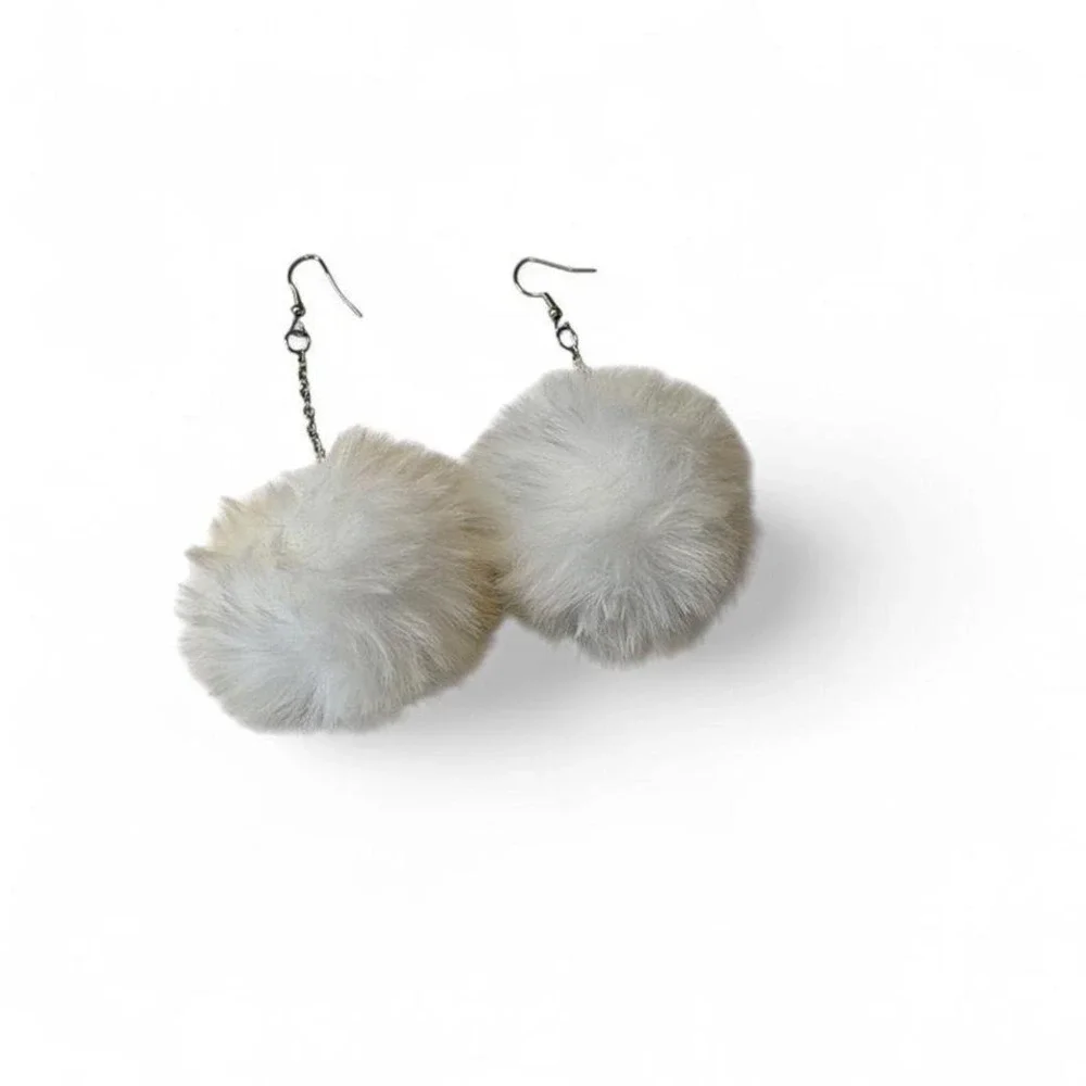 White Faux Fur Pom‎ Pom Dangle Earrings